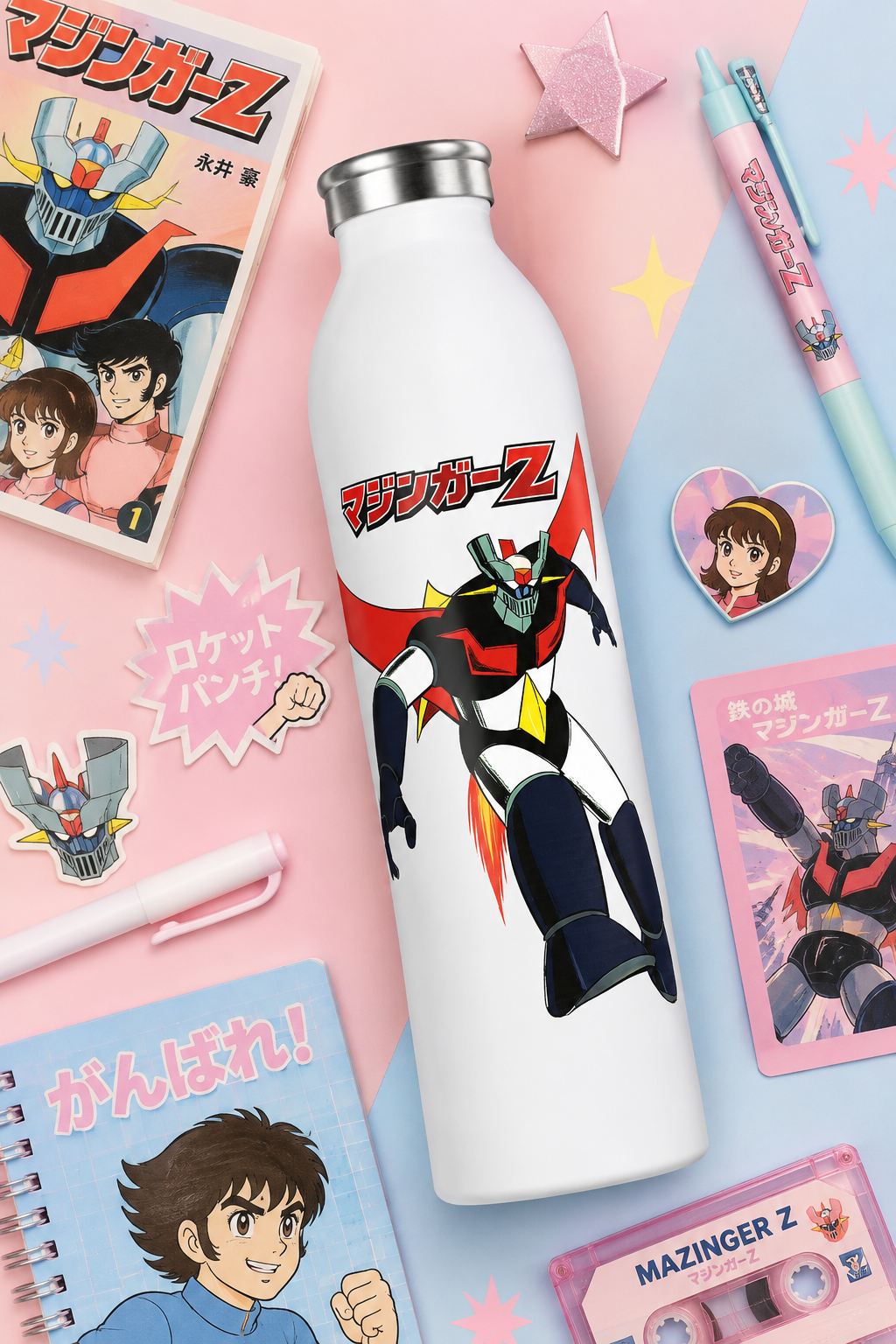 Mazinger Z stainless steel water bottle in a pastel Japanese anime-inspired flat lay with retro cartoon accessories.