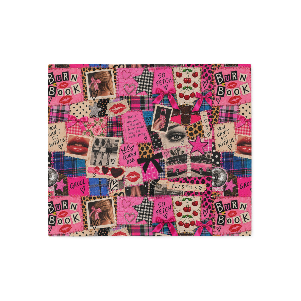 Tantrum Media Regina George Burn Book Sweatshirt Blanket, pink Mean Girls-inspired throw featuring plaid, leopard print, cherries, bows and retro collage graphics.