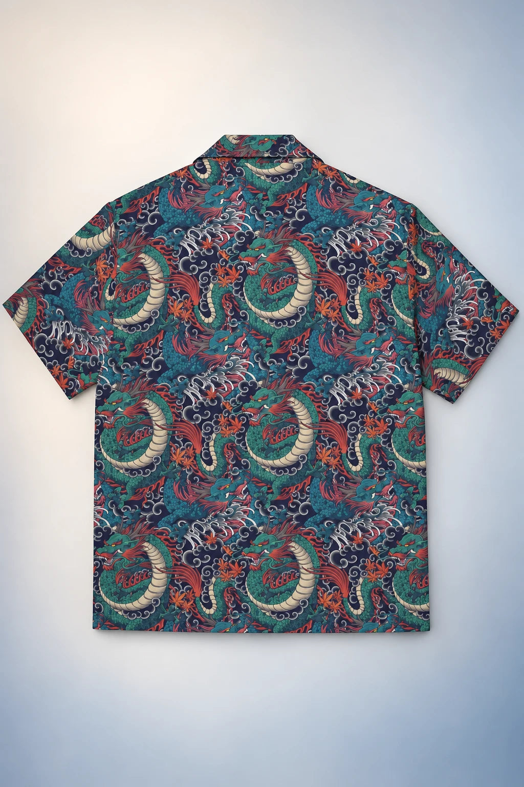 Men’s Japanese dragon print button-up shirt back view