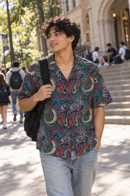 Gen Z man wearing Japanese dragon tattoo print button-up shirt on college campus