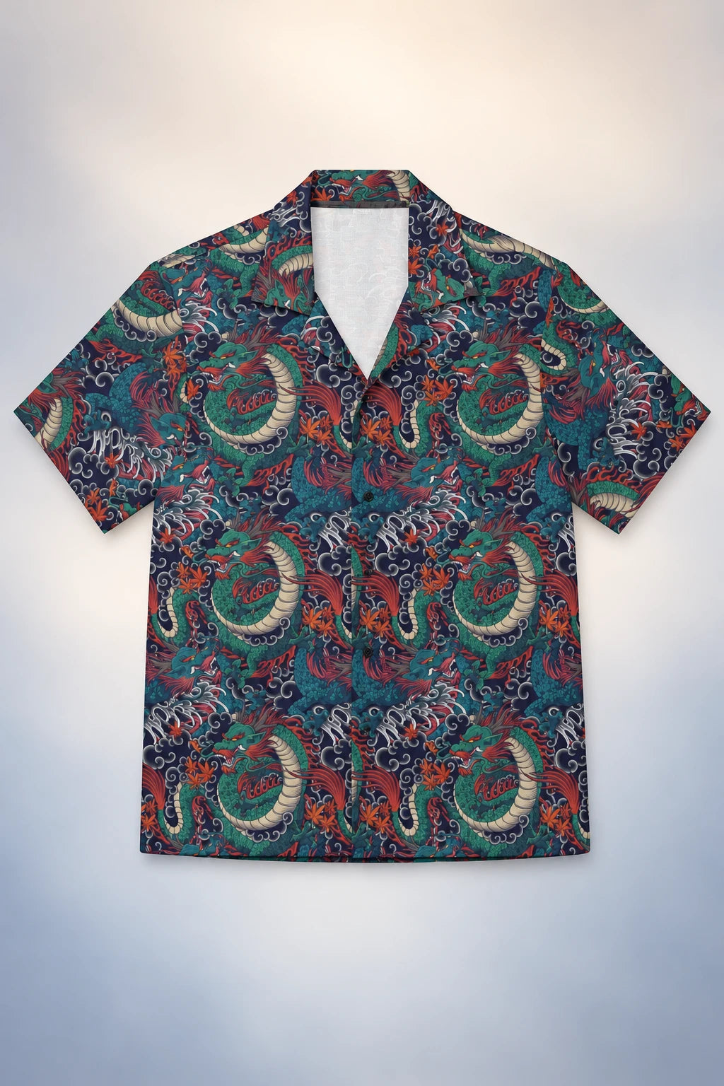 Men’s dragon tattoo print button-up shirt front view with camp collar