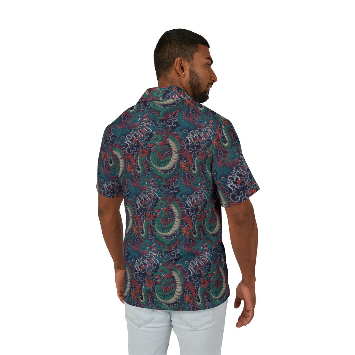 Man wearing Japanese dragon tattoo print shirt back view