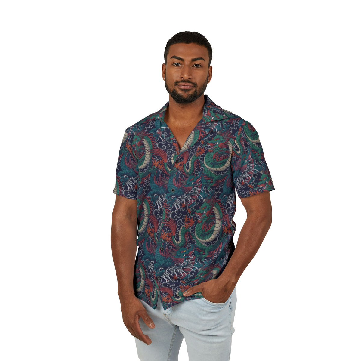 Man wearing dragon tattoo print short sleeve button-up shirt front view