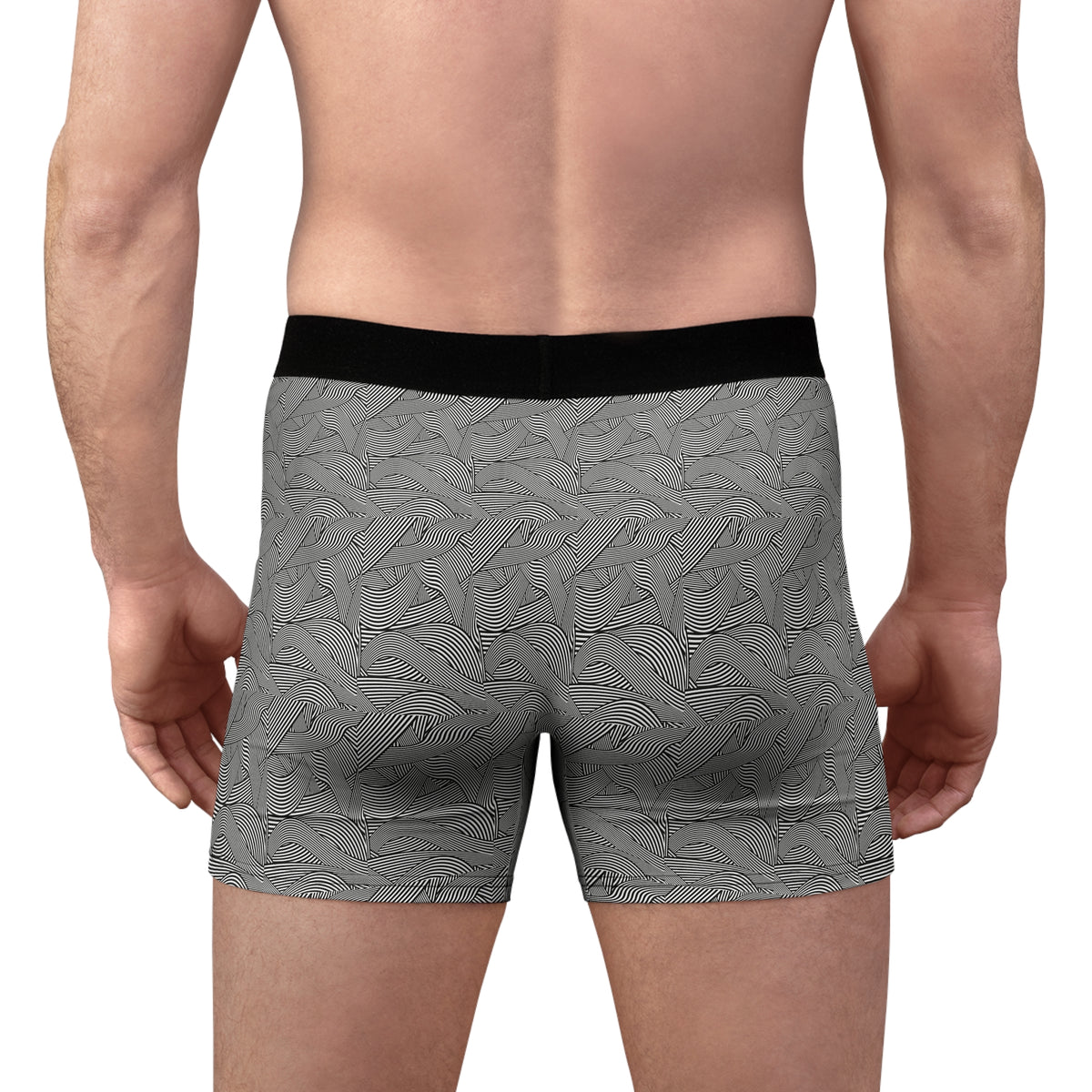 Back view of male model wearing men's gray wave print boxer briefs with an all-over abstract pattern and fitted silhouette.