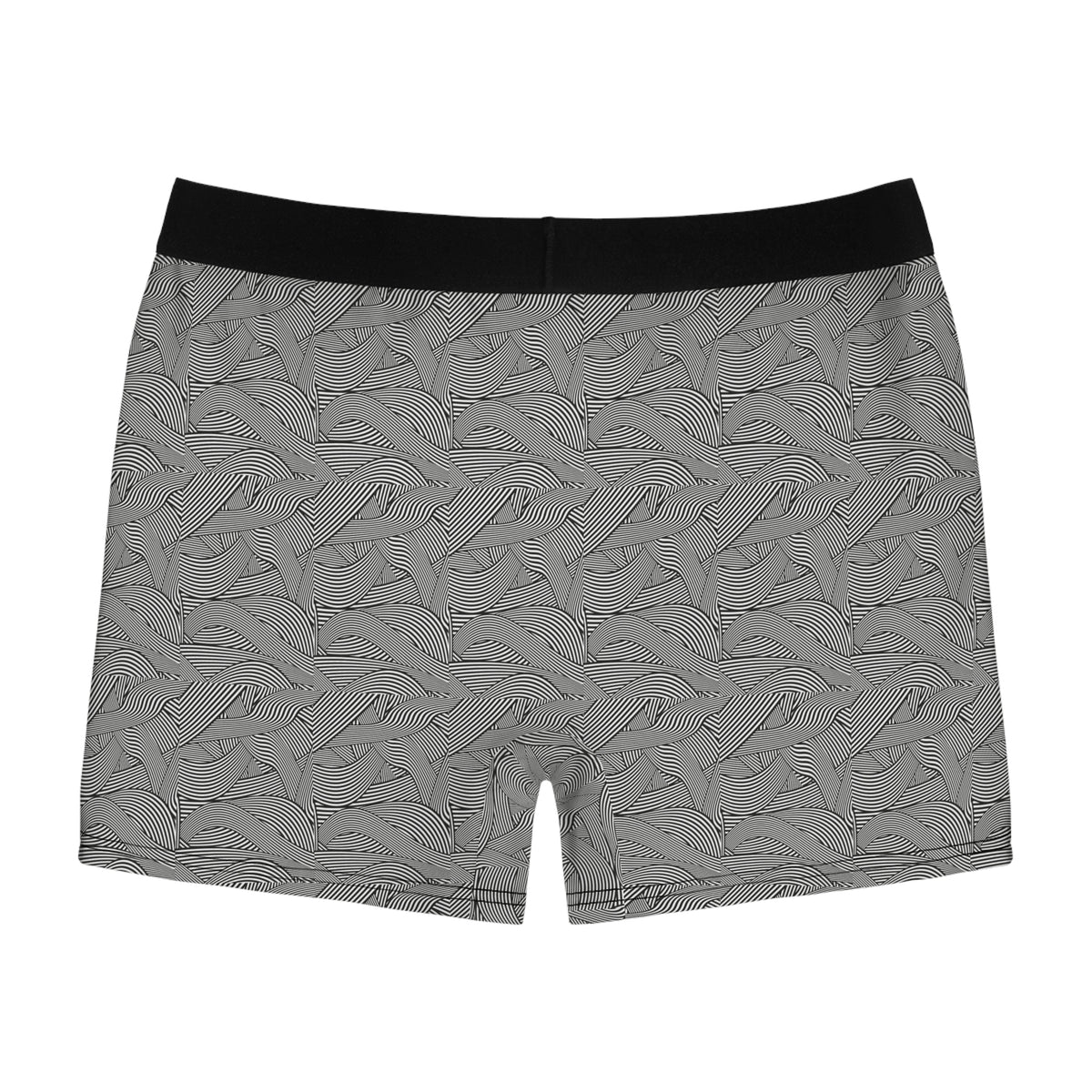 Back view of men's gray boxer briefs with an all-over abstract wave pattern and black elastic waistband.