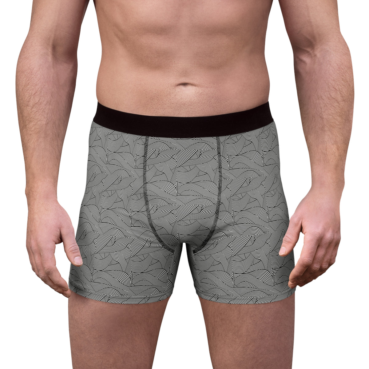 Male model wearing gray wave print boxer briefs, front view showing the abstract line design and contrasting black waistband.