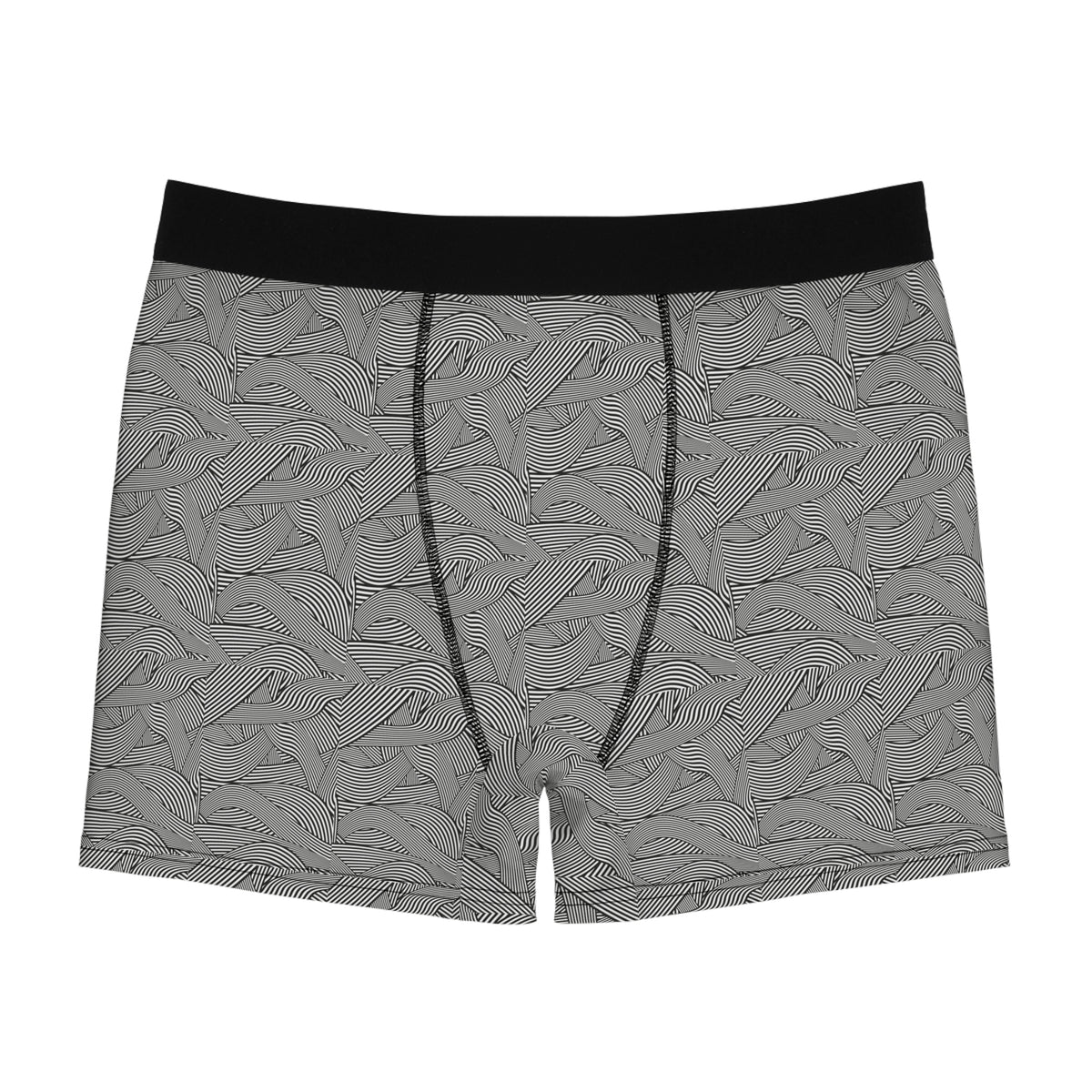 Men's gray wave print boxer briefs featuring an abstract black line pattern, contrasting black waistband, and fitted design, front view.