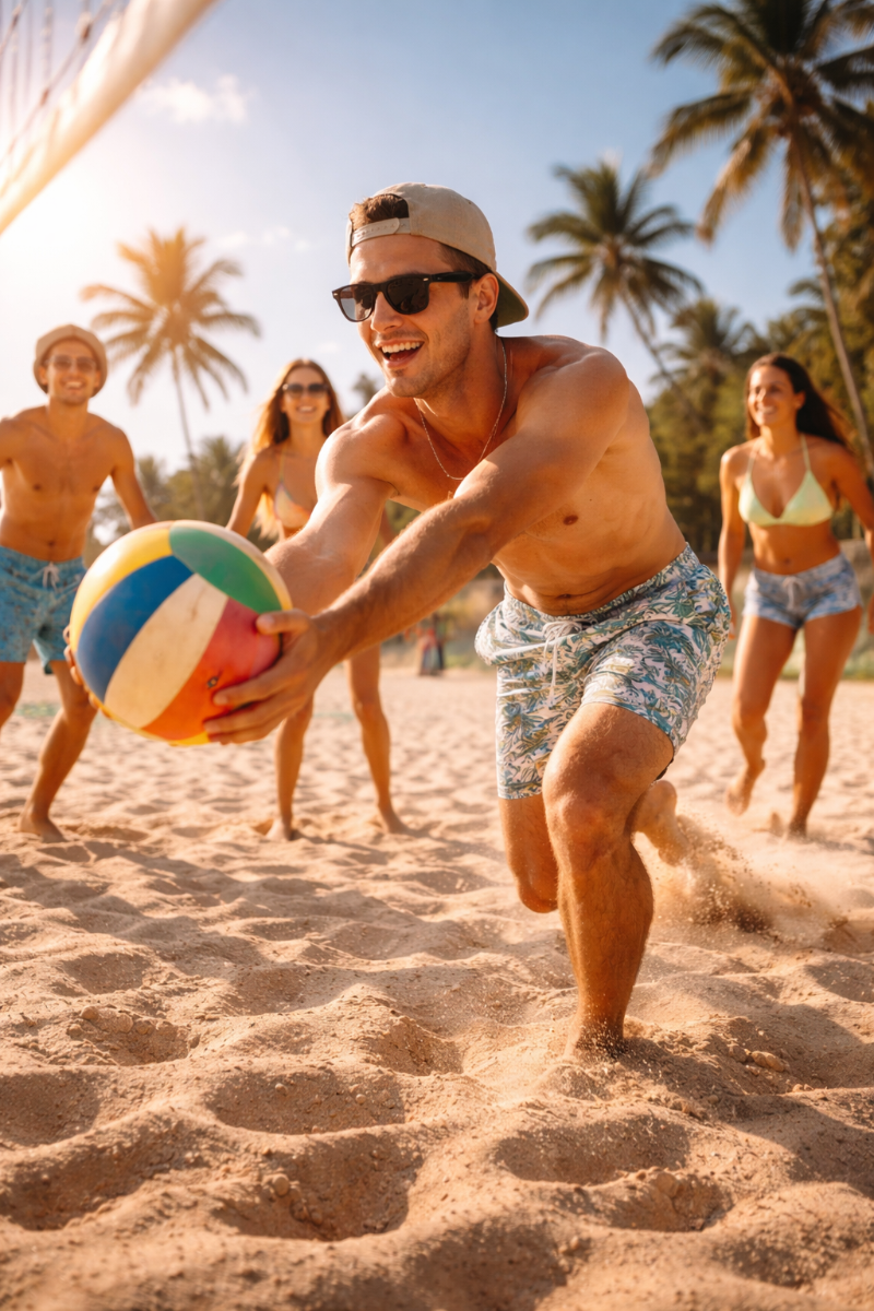 man playing beach volleyball wearing green tropical swim trunks with palm pattern