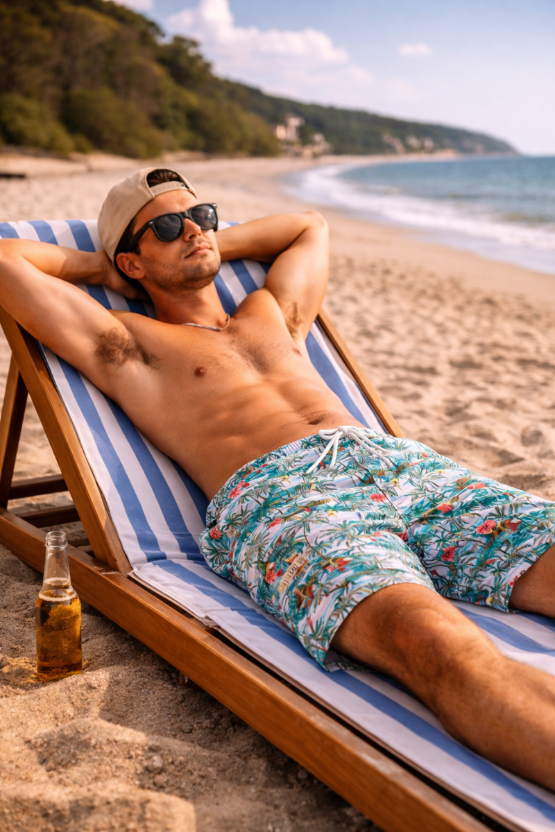 man relaxing on beach chair wearing green tropical hawaiian swim trunks with palm print