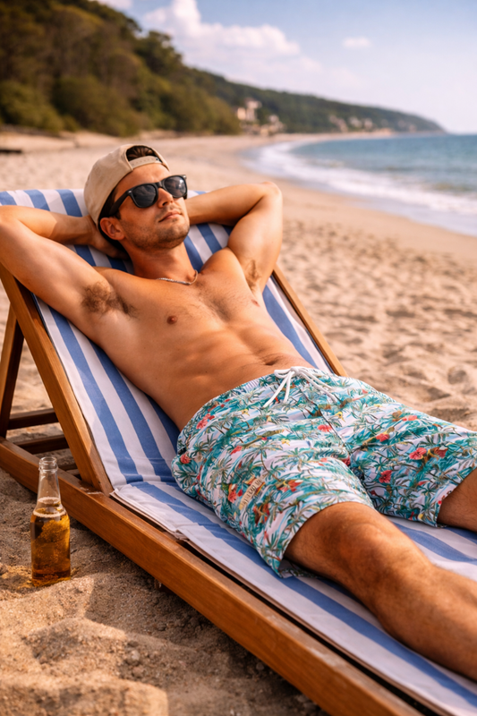 man relaxing on beach chair wearing green tropical hawaiian swim trunks with palm print