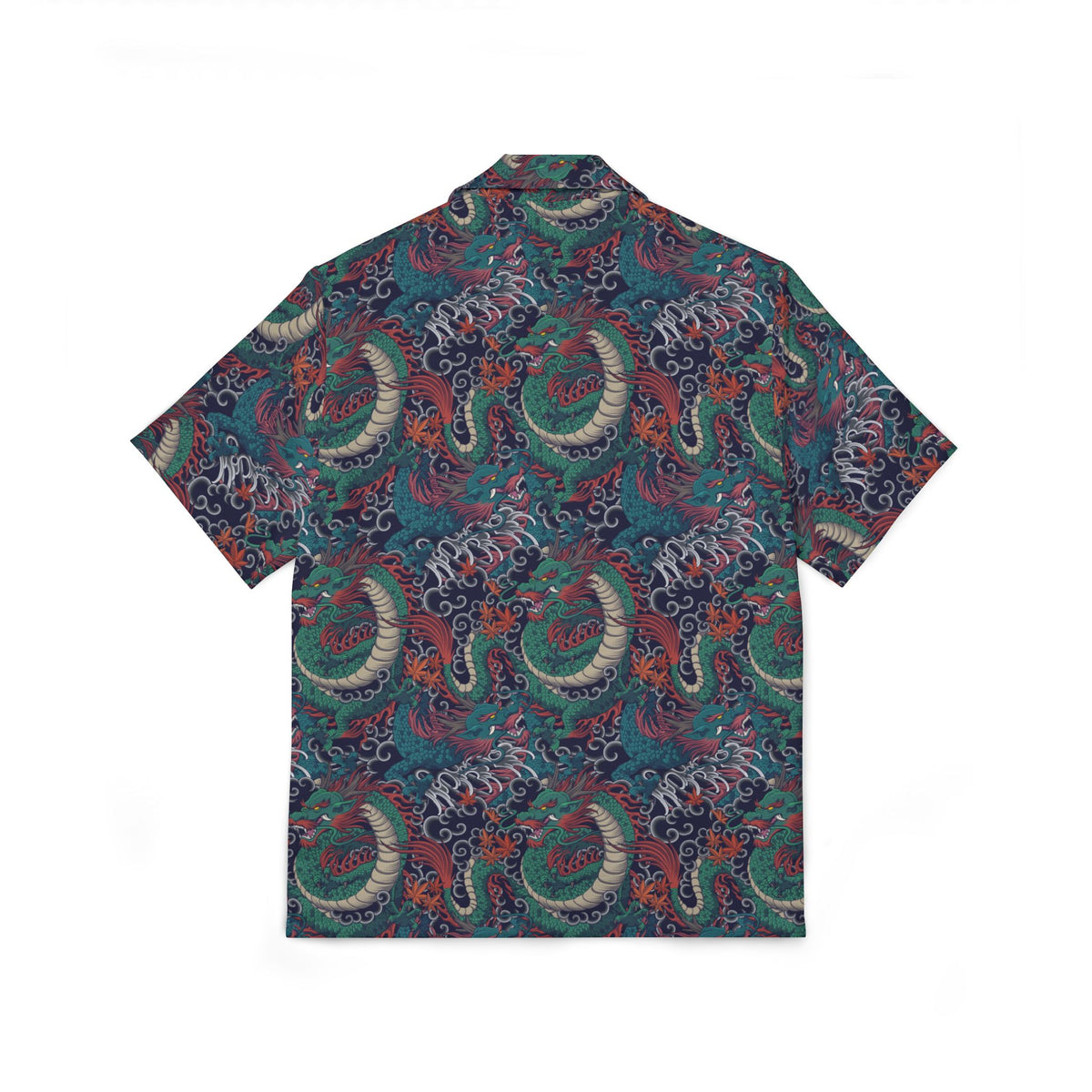 Men’s Japanese dragon print short sleeve button-up shirt back view