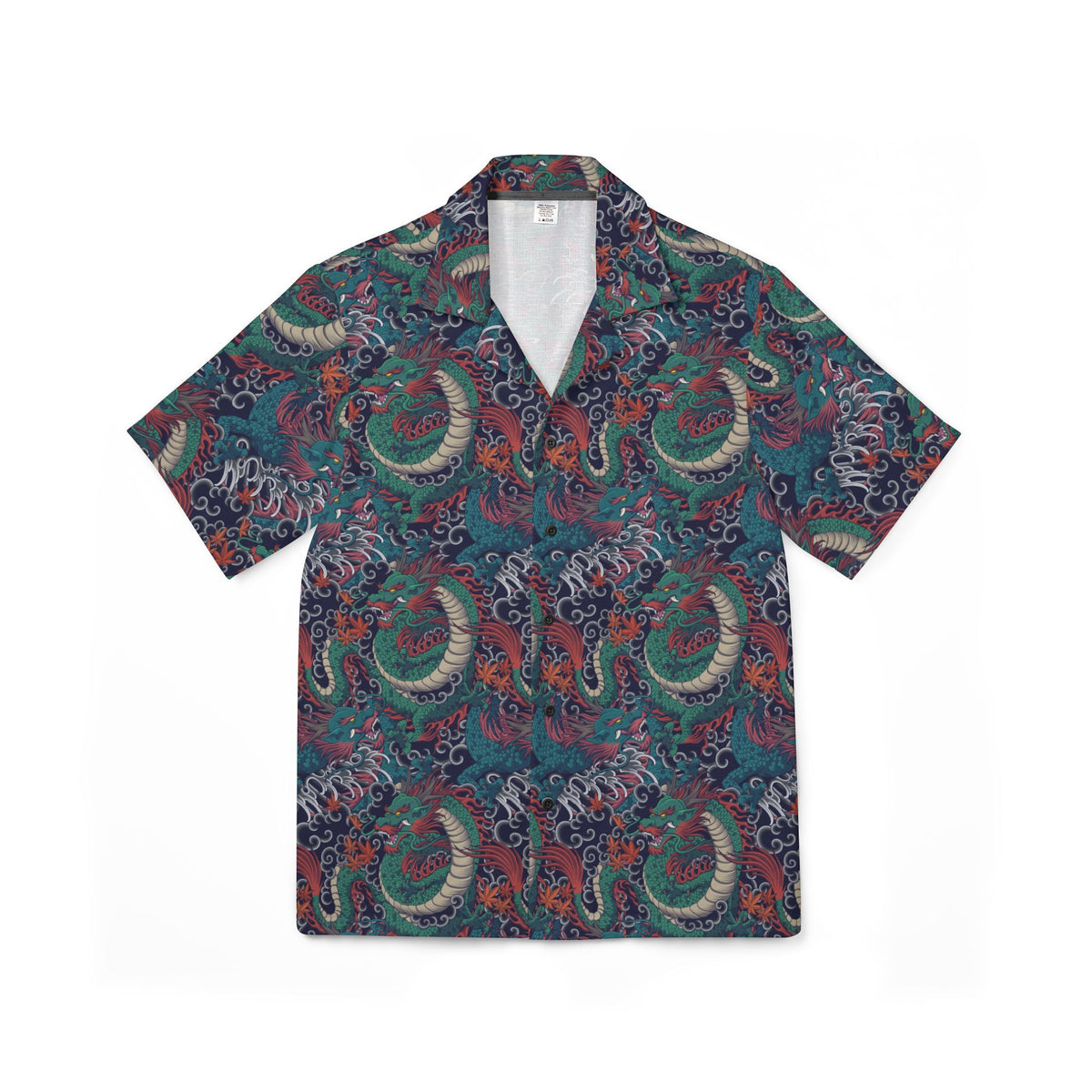 Men’s Japanese dragon print camp collar shirt front view