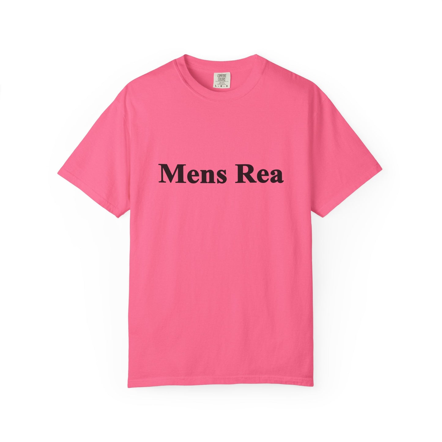Pink Mens Rea graphic t-shirt front view minimalist legal statement tee