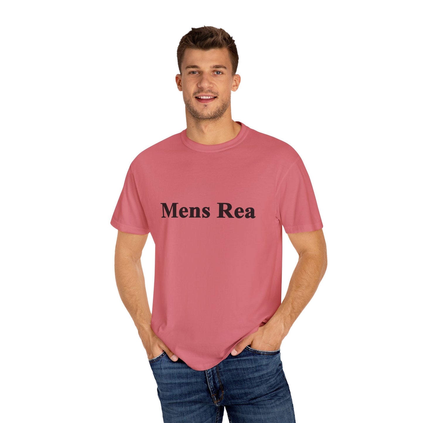 Male model wearing pink Mens Rea graphic t-shirt casual legal streetwear outfit