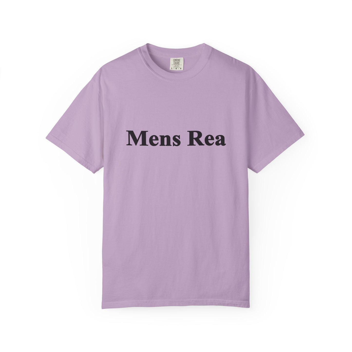 Purple Mens Rea graphic t-shirt front view minimalist legal statement tee