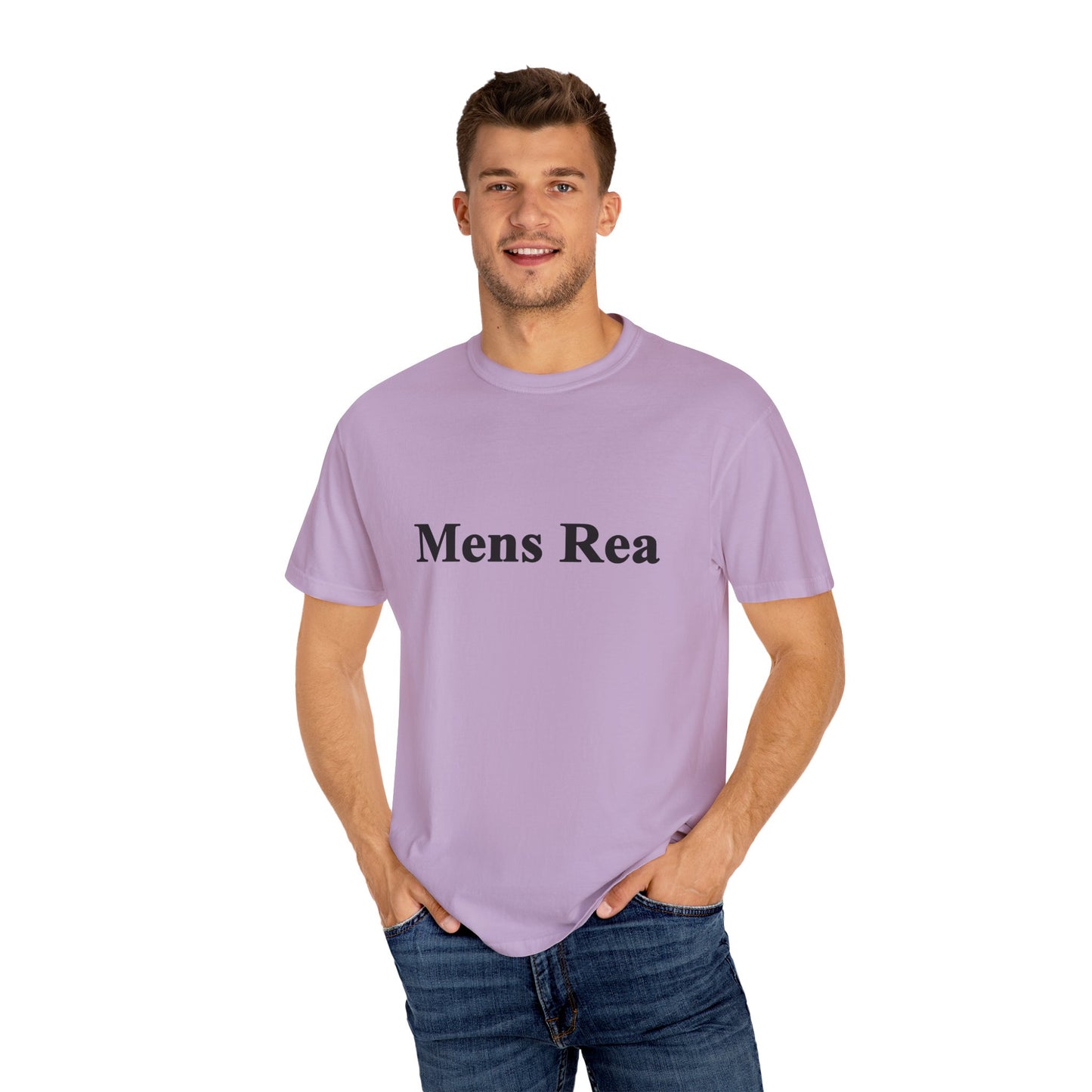 Male model wearing purple Mens Rea graphic t-shirt minimalist legal streetwear