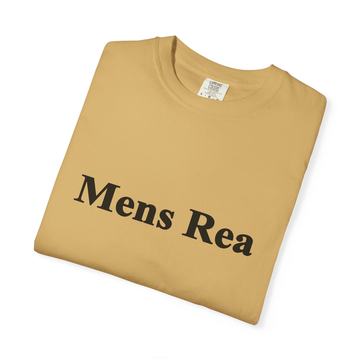 Folded tan Mens Rea graphic t-shirt detail minimalist legal streetwear
