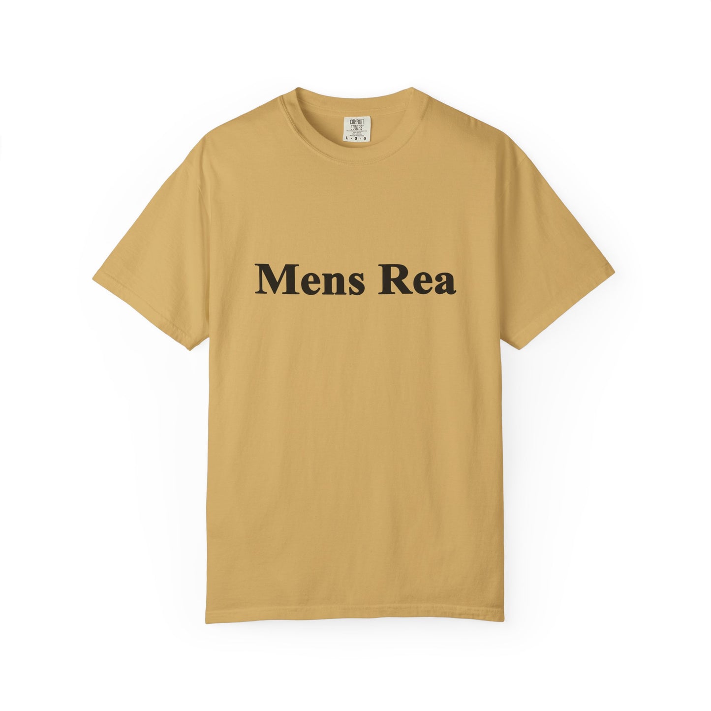 Tan Mens Rea graphic t-shirt front view minimalist legal statement tee