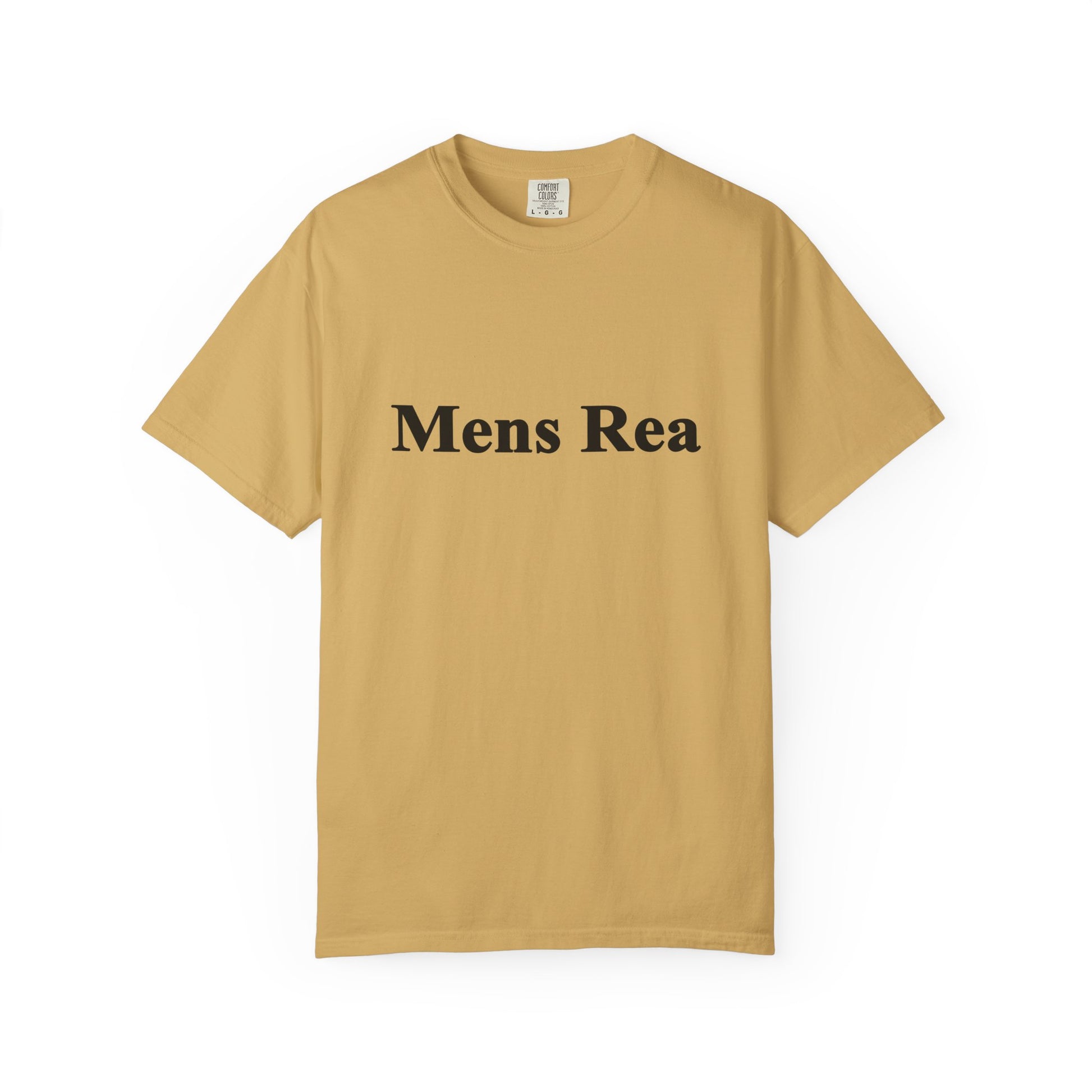 Tan Mens Rea graphic t-shirt front view minimalist legal statement tee