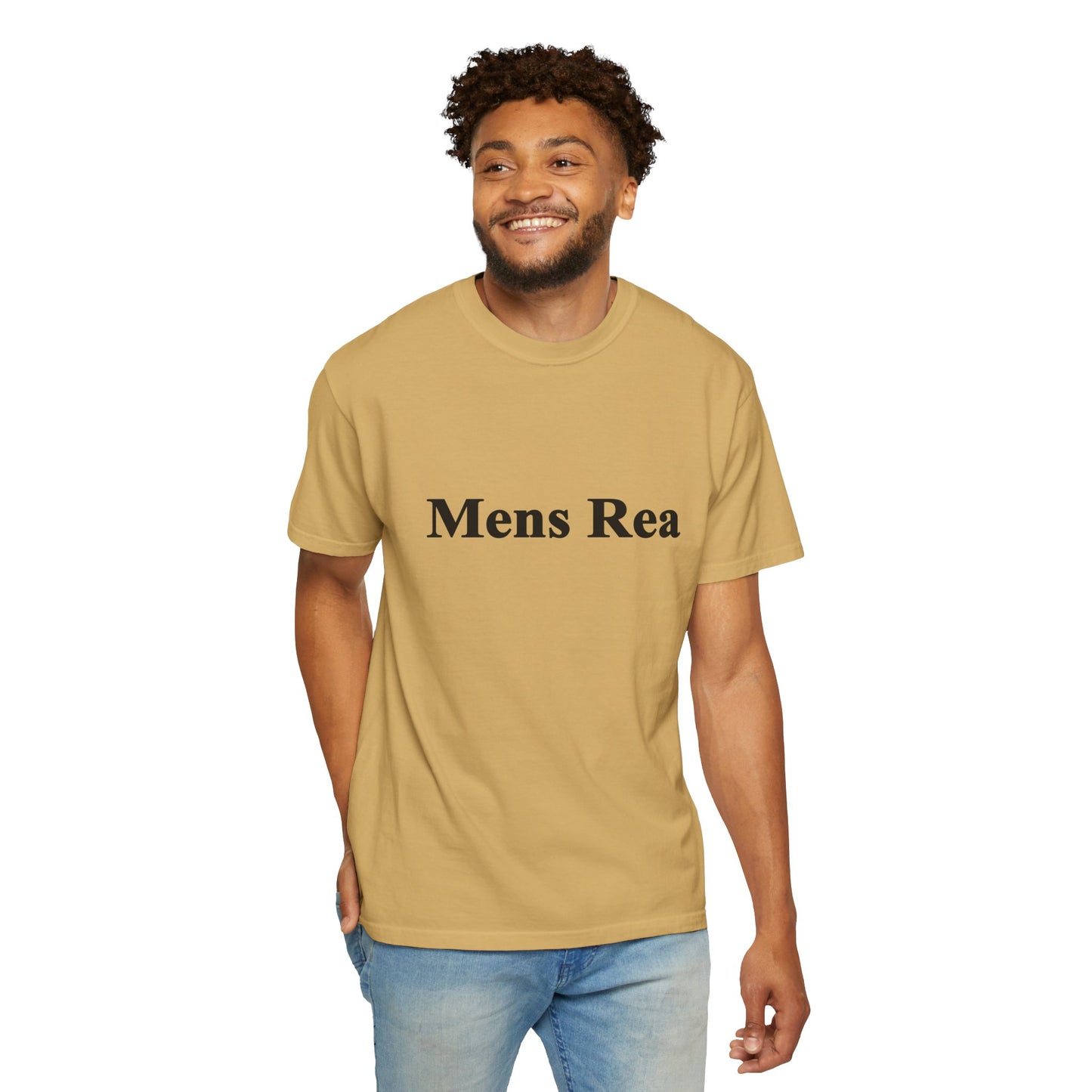 Male model wearing tan Mens Rea graphic t-shirt minimalist legal streetwear