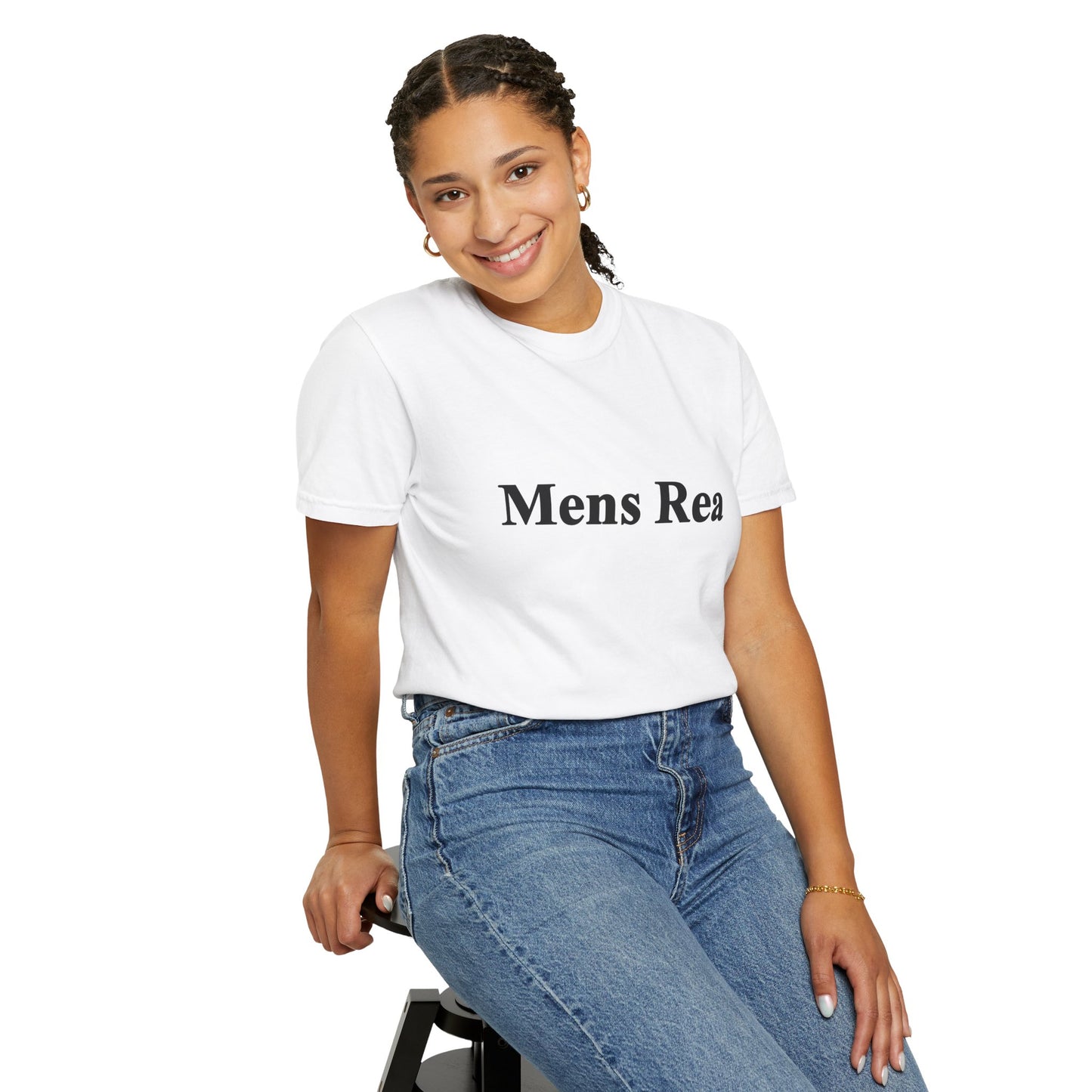 Female model wearing white Mens Rea graphic t-shirt casual minimalist legal streetwear
