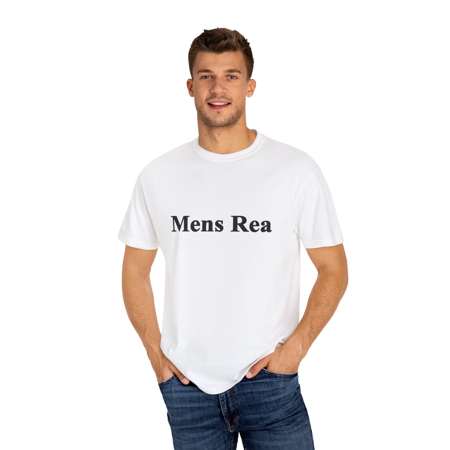 Male model wearing white Mens Rea graphic t-shirt minimalist legal statement tee