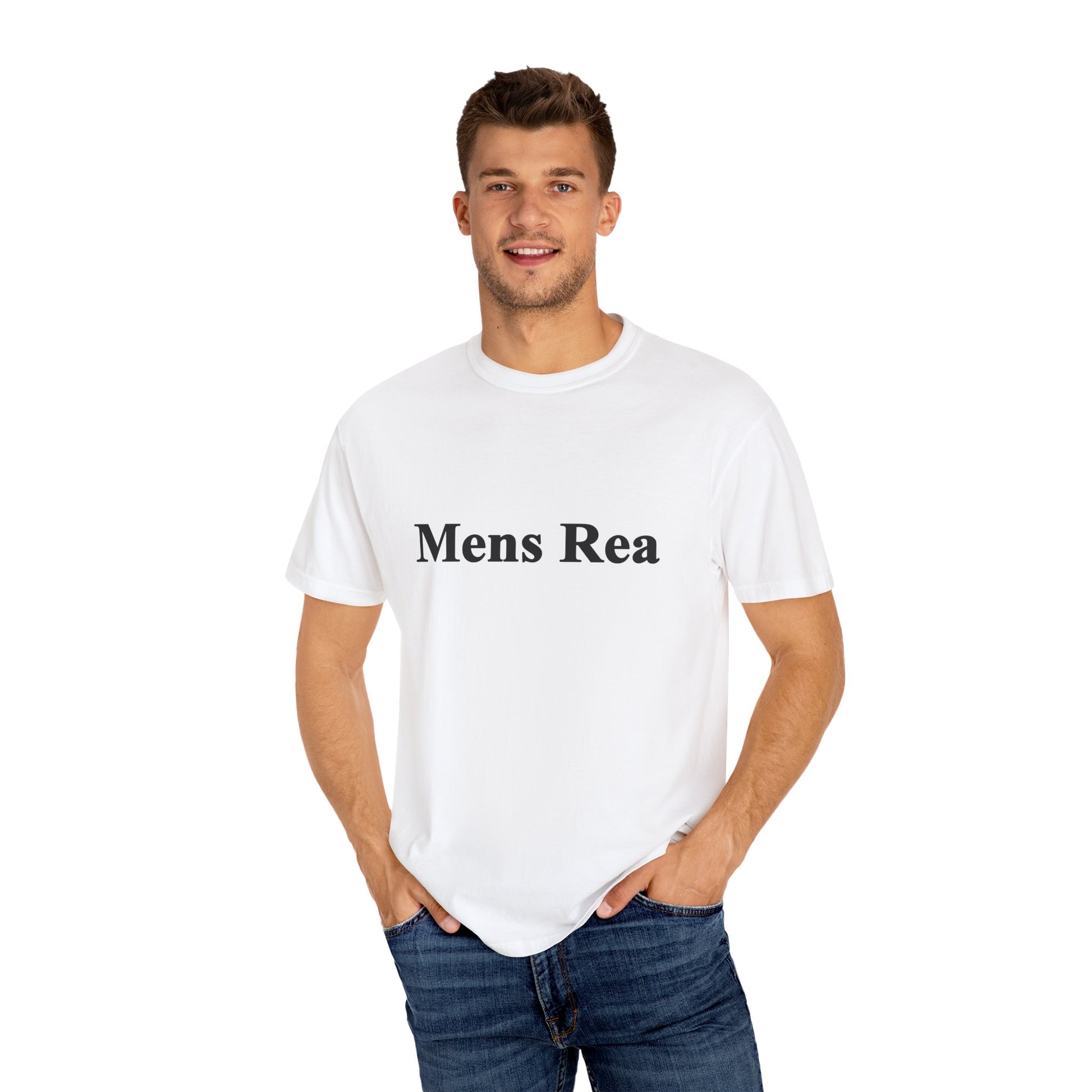 Male model wearing white Mens Rea graphic t-shirt minimalist legal statement tee