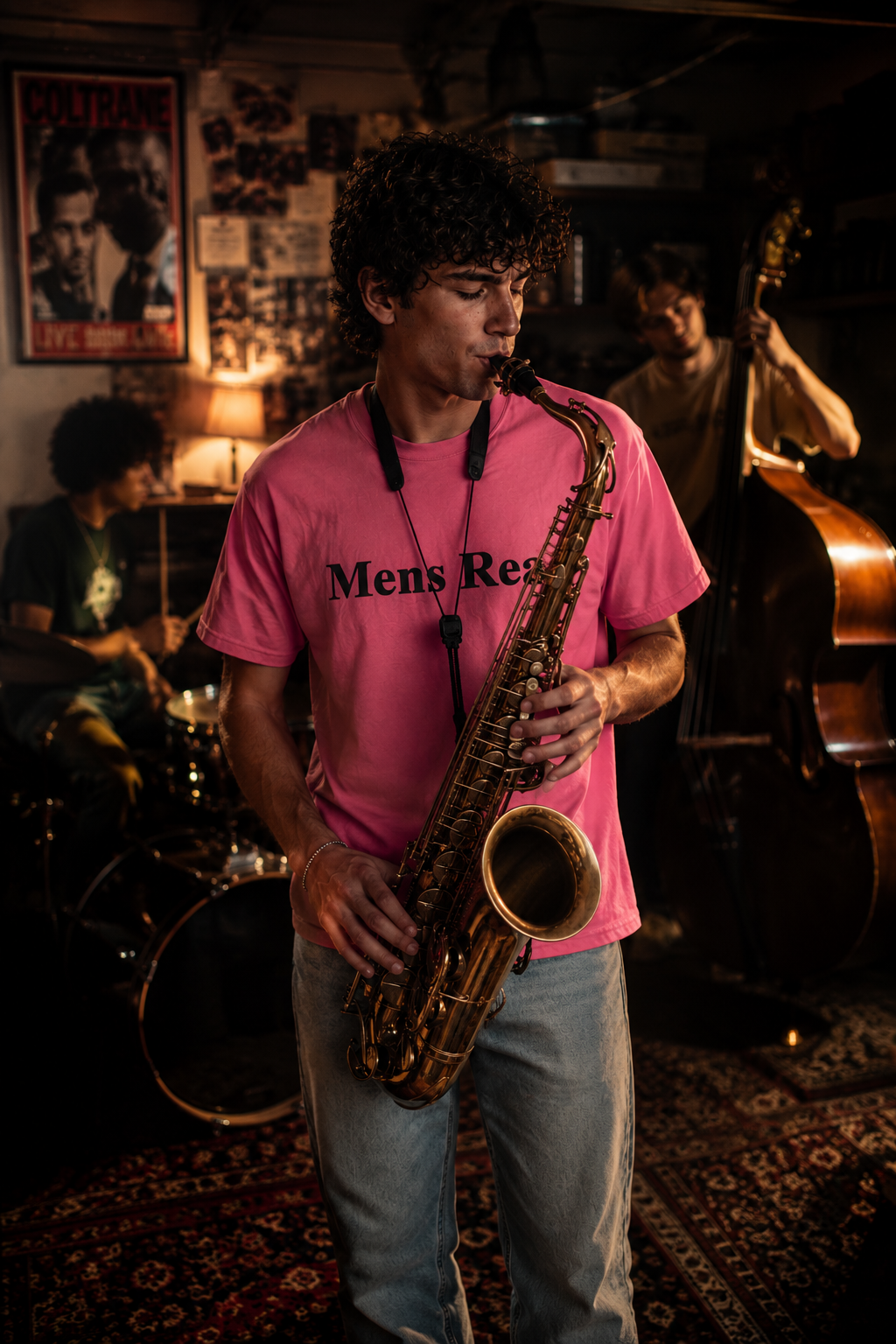 Male Gen Z saxophone player wearing a pink Mens Rea graphic T-shirt rehearsing with his jazz band inside a suburban middle-class garage with moody cinematic lighting and vintage jazz atmosphere.