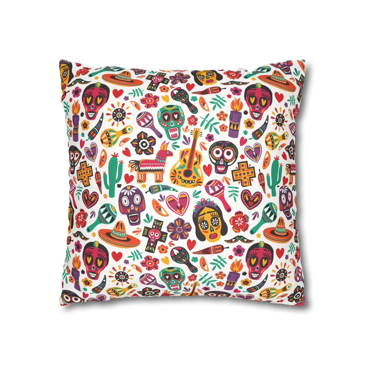 A square throw pillow featuring a vibrant, all-over Mexican Day of the Dead (Día de los Muertos) pattern with sugar skulls, cacti, candles, and musical instruments on a white background.