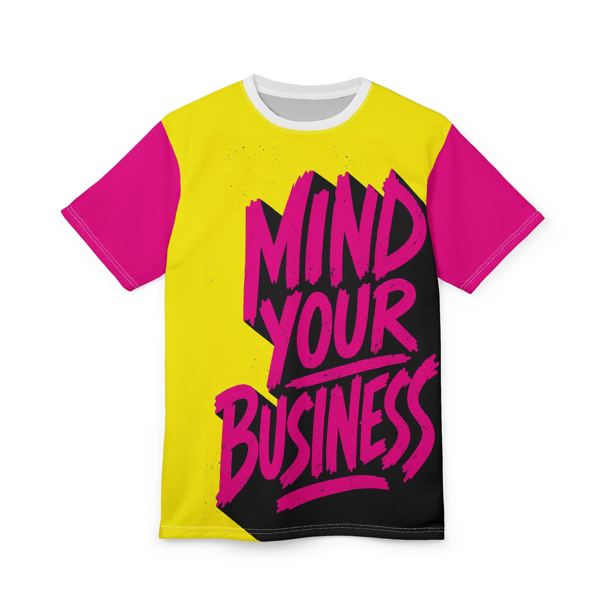 Mind Your Business graphic t shirt front view yellow and pink graffiti design unisex streetwear tee