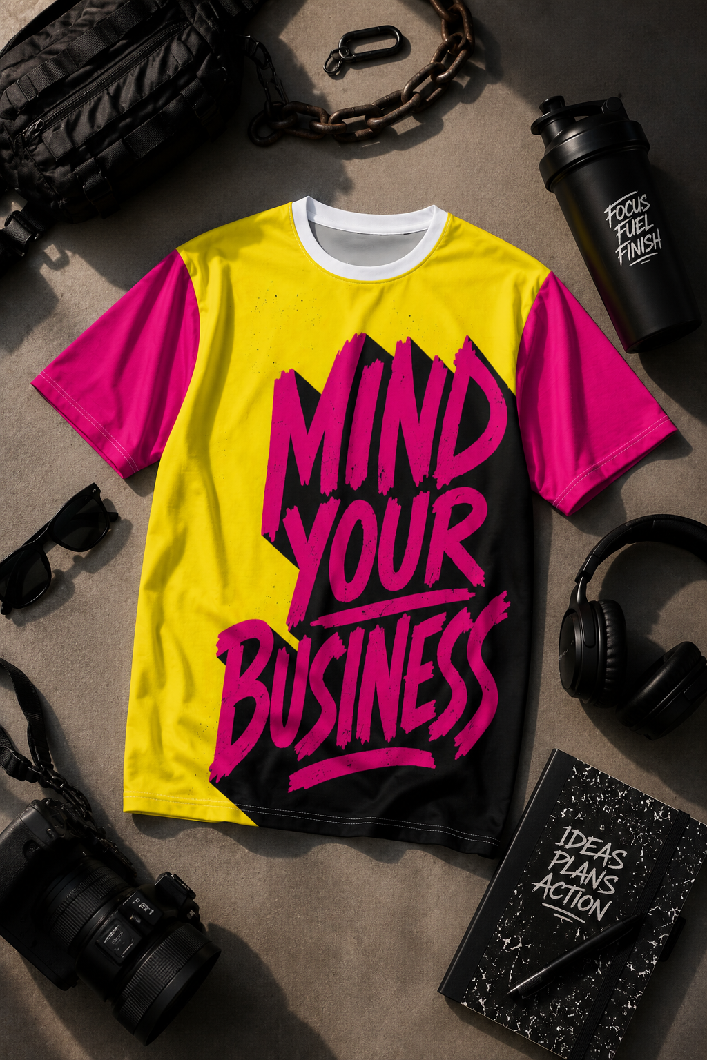 Mind Your Business graphic t-shirt displayed in a bold editorial flat-lay with headphones, camera gear, notebook, tactical bag, and urban lifestyle accessories