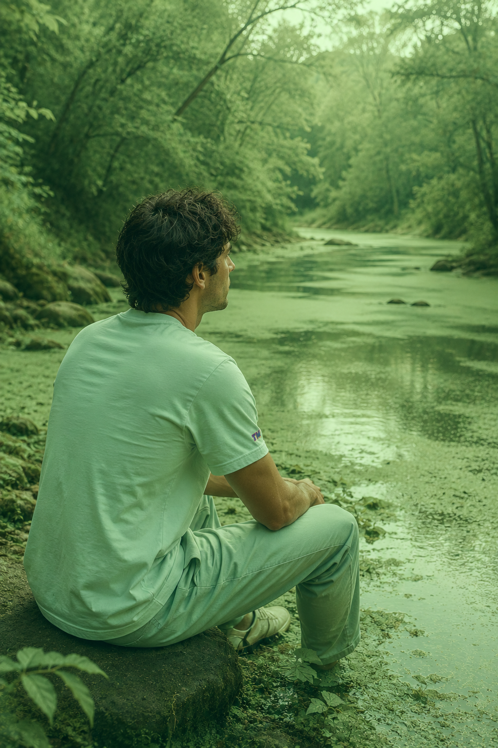 Man wearing a mint green cotton unisex T-shirt.