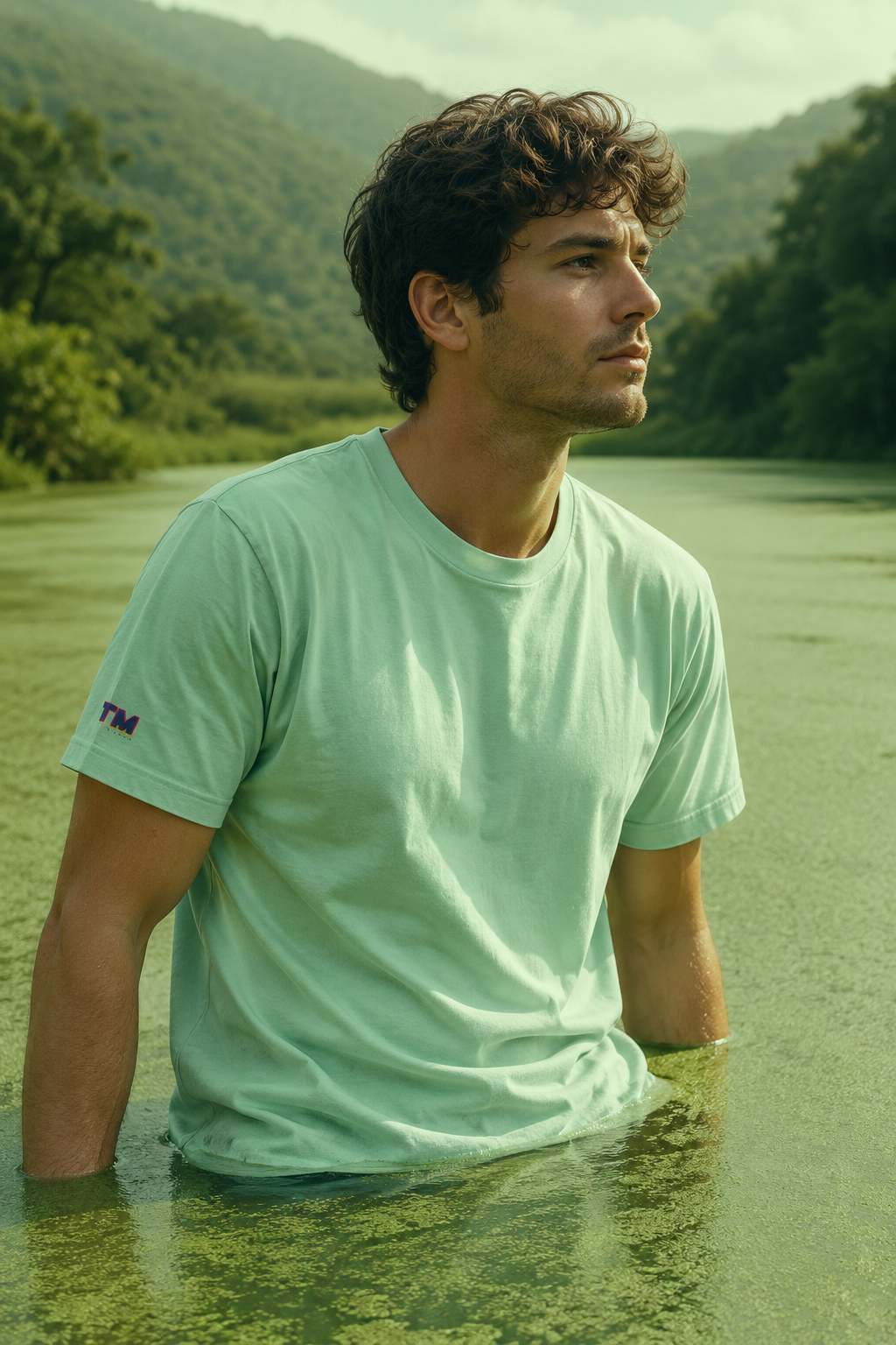 Young man wearing a mint green cotton T-shirt outdoors.