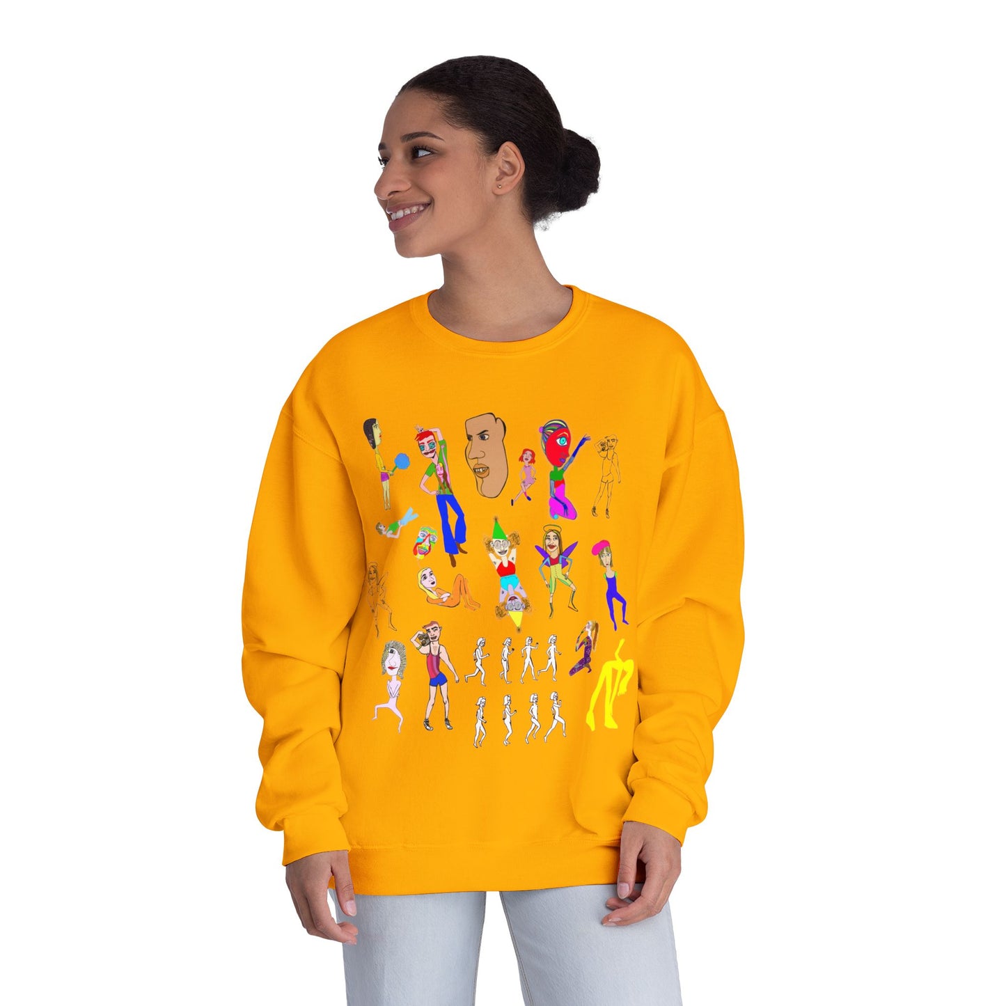 Woman wearing gold Mix Art Crewneck Sweatshirt