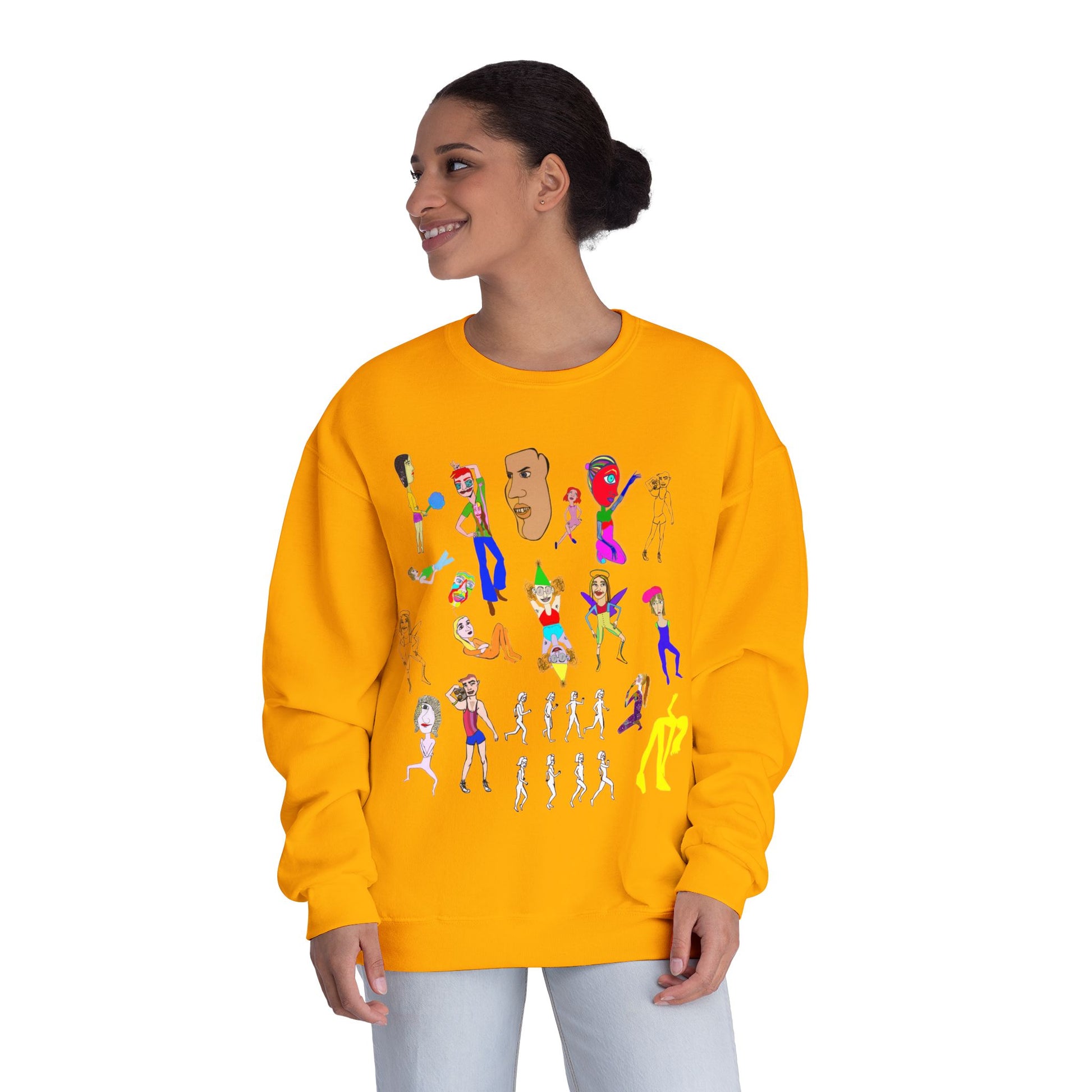 Woman wearing gold Mix Art Crewneck Sweatshirt