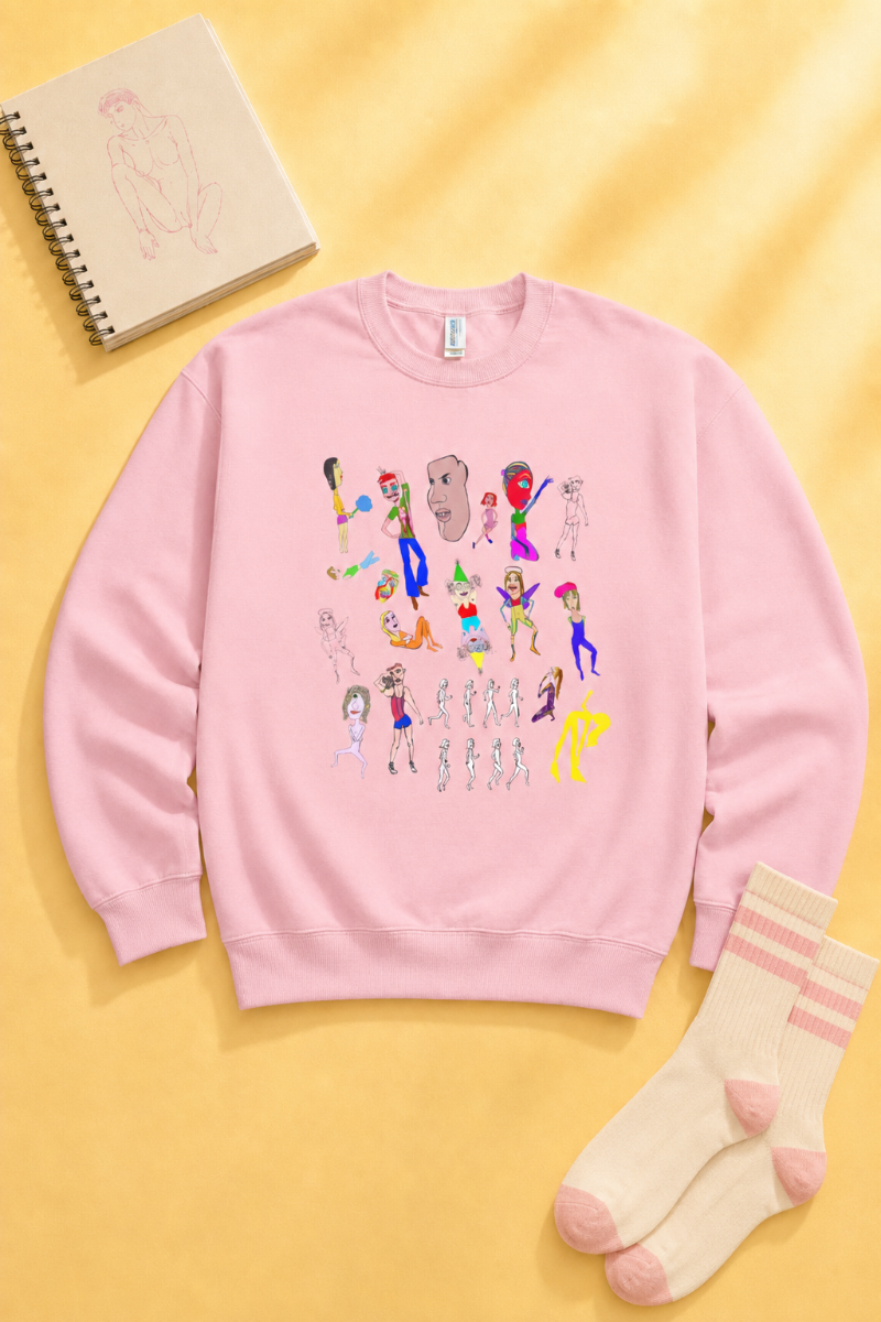 Pink Mix Art Crewneck Sweatshirt flat lay on soft yellow background