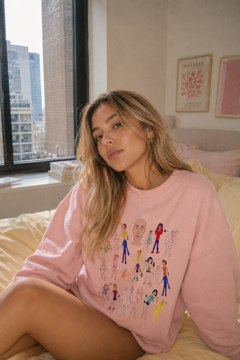 Woman wearing pink Mix Art Crewneck Sweatshirt in a NYC apartment