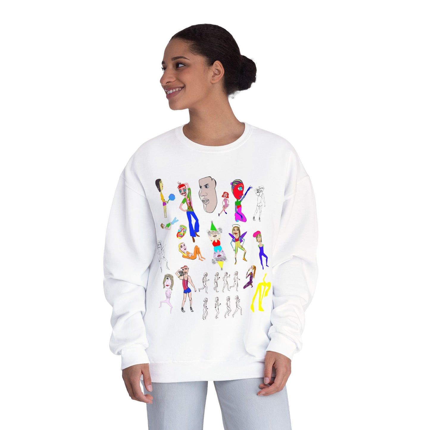 Woman wearing white Mix Art Crewneck Sweatshirt