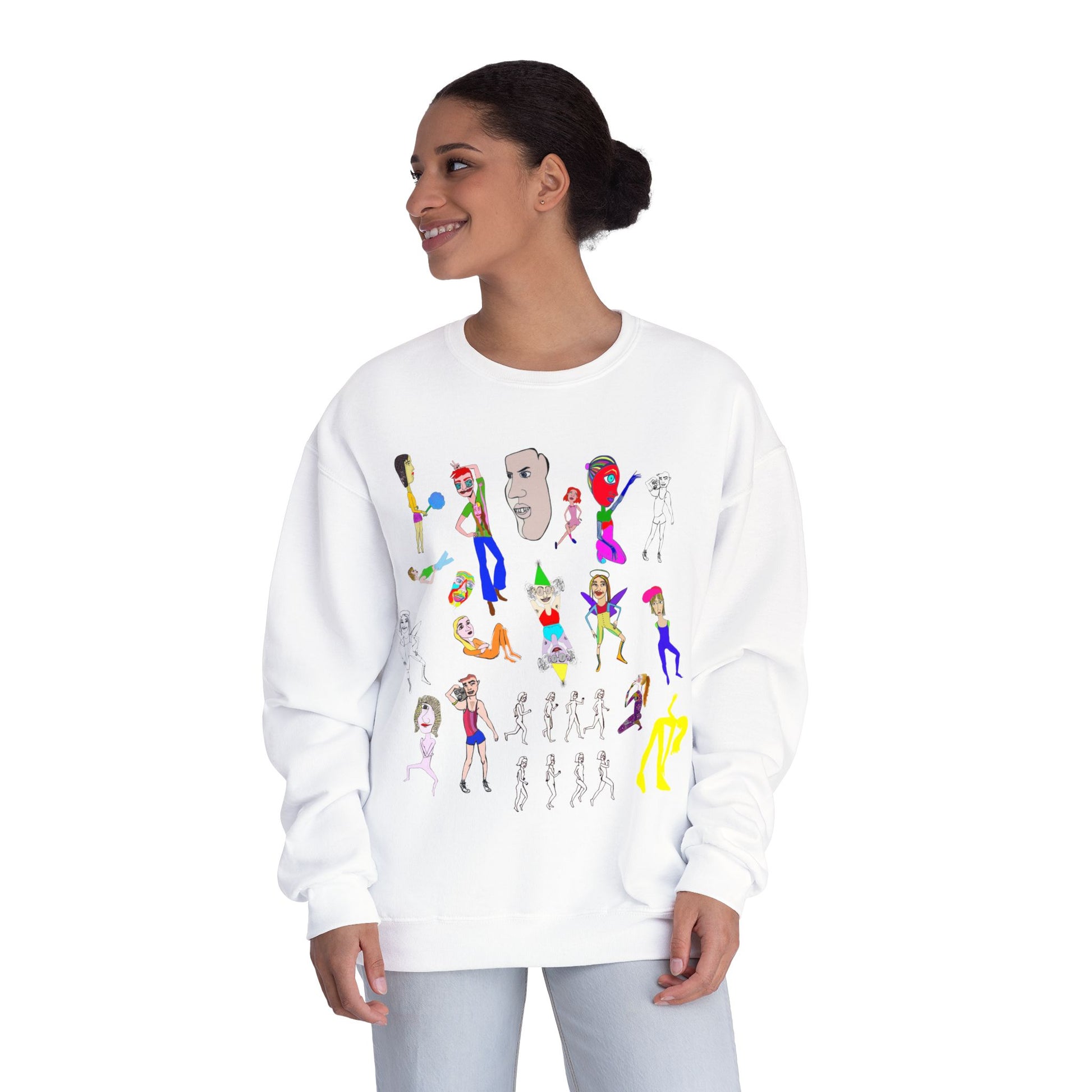 Woman wearing white Mix Art Crewneck Sweatshirt