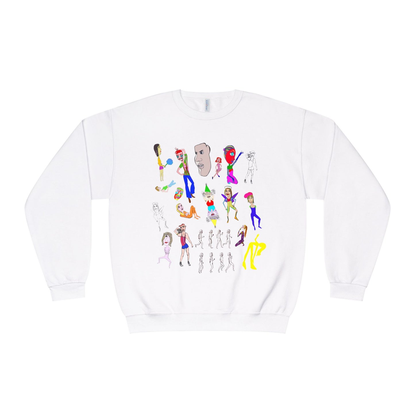 White Mix Art Crewneck Sweatshirt with colorful hand-drawn artwork