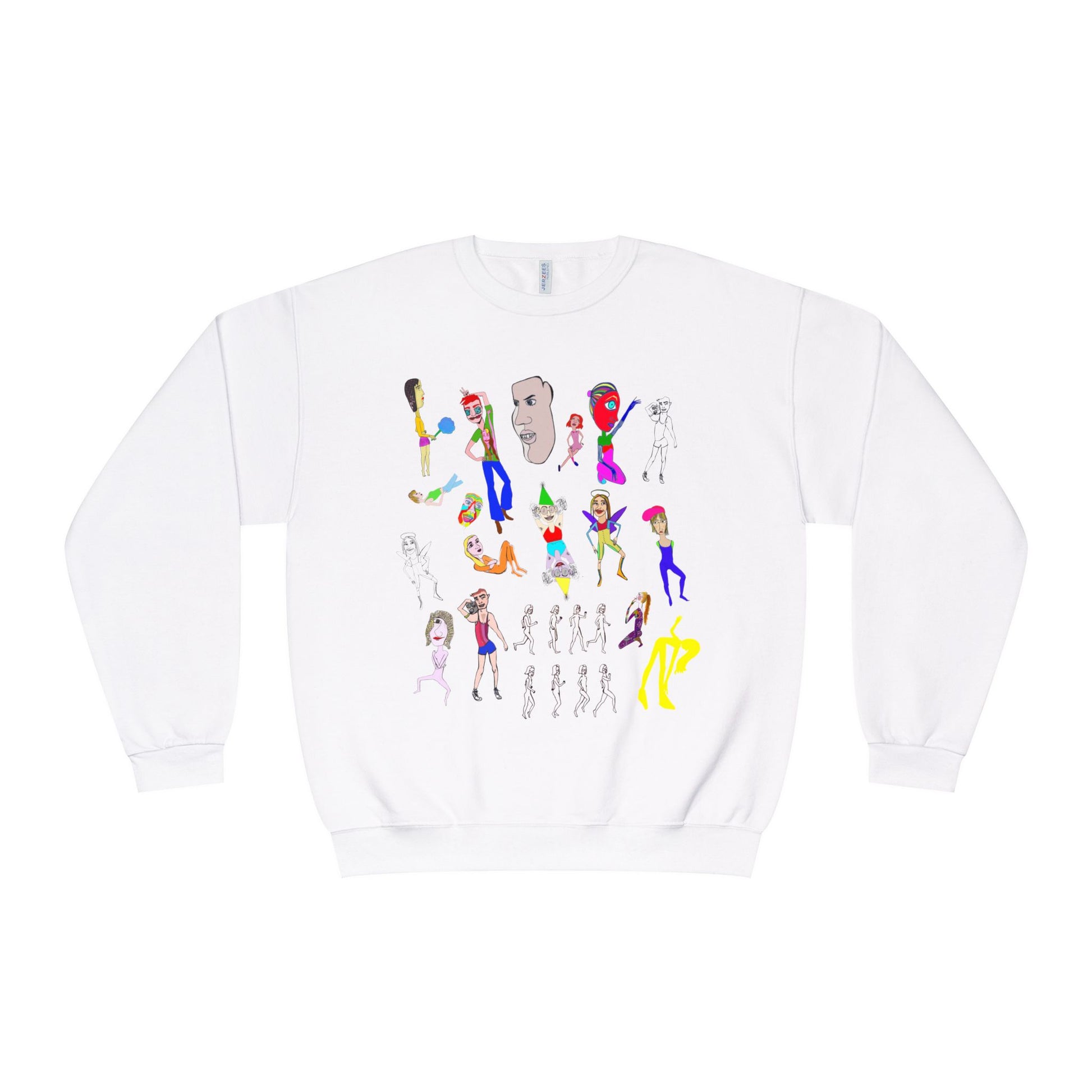 White Mix Art Crewneck Sweatshirt with colorful hand-drawn artwork