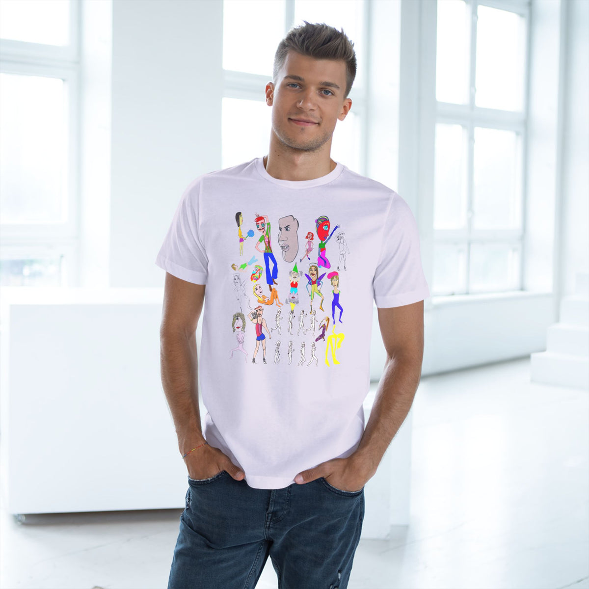 Man wearing the lilac Mix hand-drawn art unisex graphic T-shirt in a casual lifestyle setting