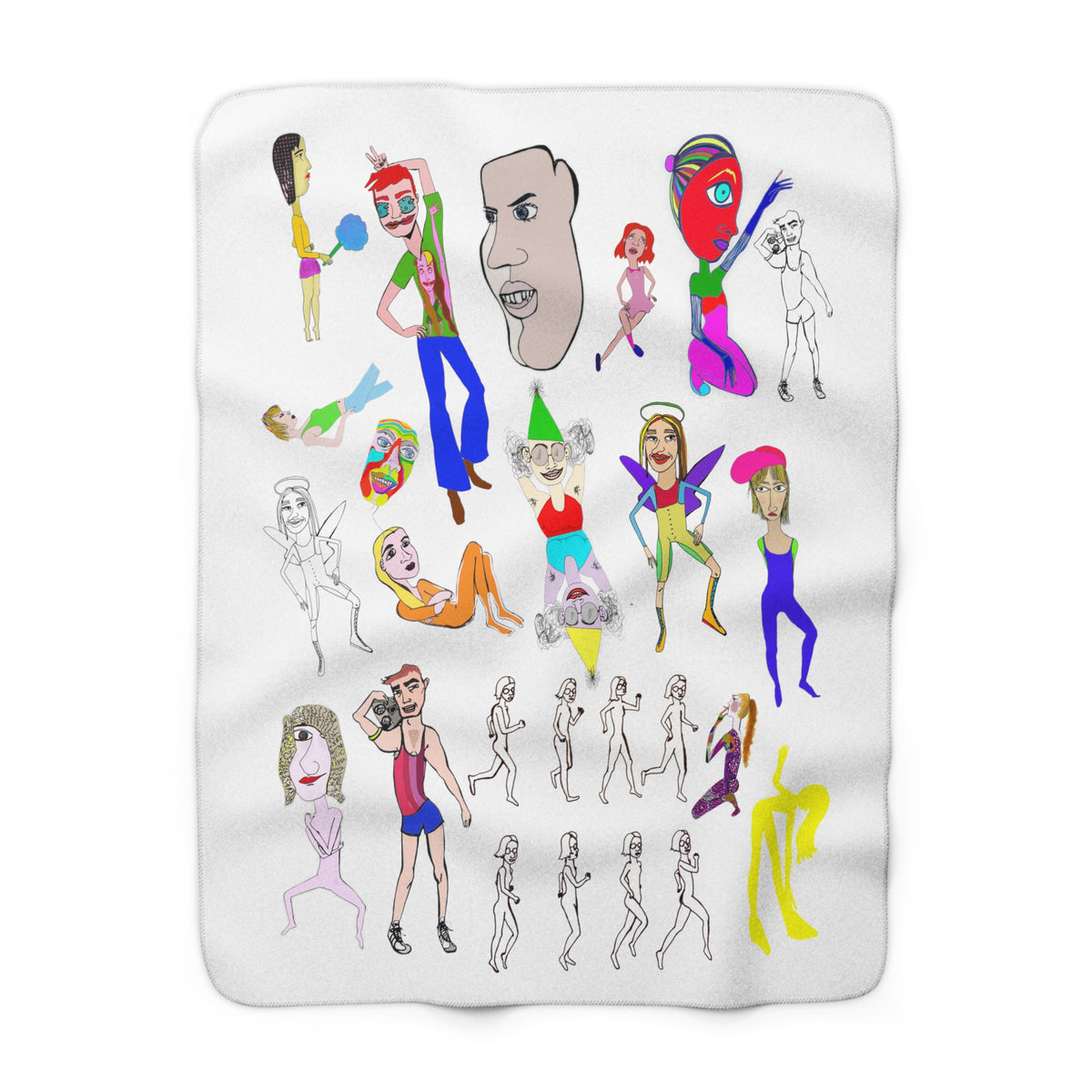 Mix sherpa fleece blanket featuring colorful hand-drawn character illustrations on a white background
