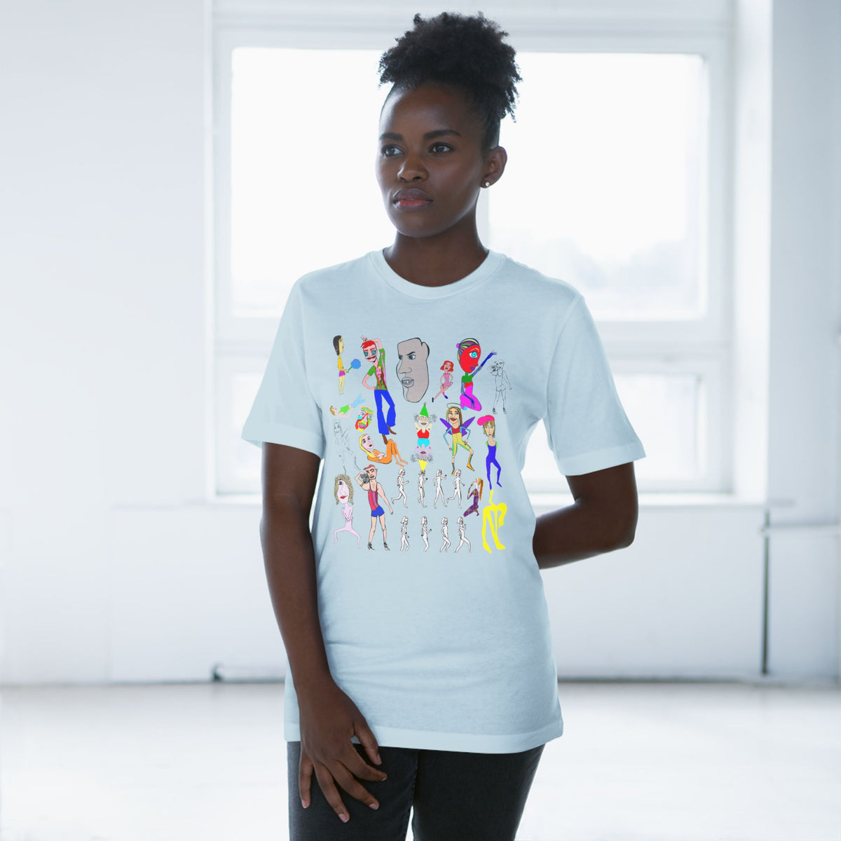 Woman wearing the blue mist Mix unisex art graphic T-shirt with colorful illustration