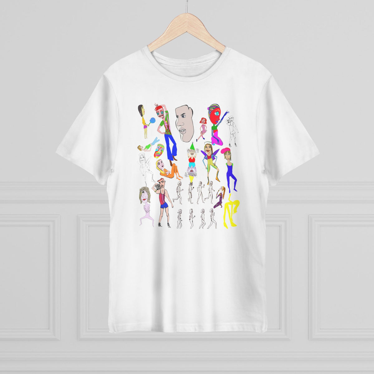 White Mix hand-drawn art graphic T-shirt with colorful character illustration on wooden hanger