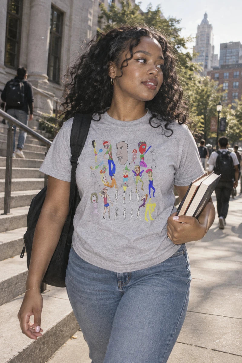 Woman wearing the heather grey Mix graphic T-shirt with colorful artwork on a college campus