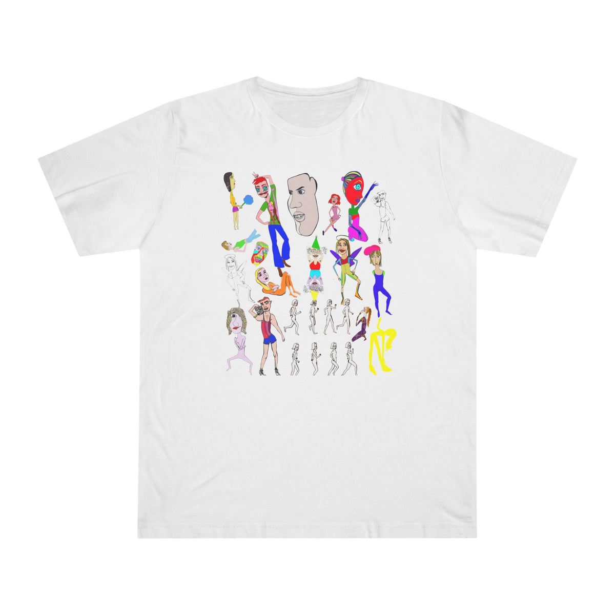 Front view of white Mix unisex graphic T-shirt featuring original colorful hand-drawn artwork