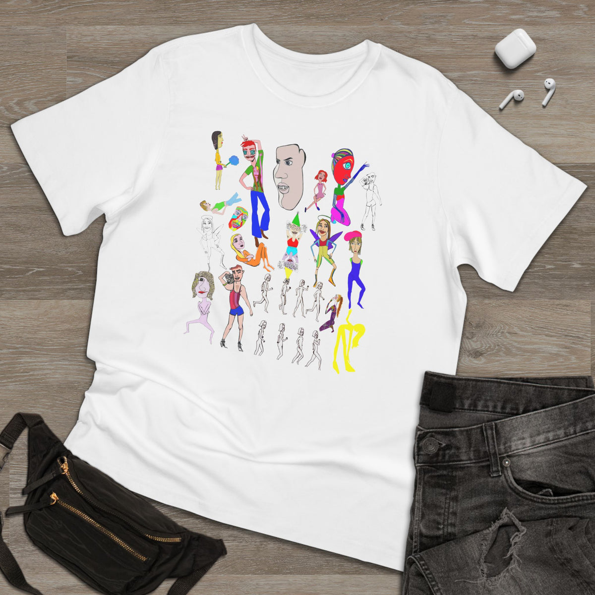 Mix unisex graphic T-shirt in white with colorful original hand-drawn character artwork flat lay