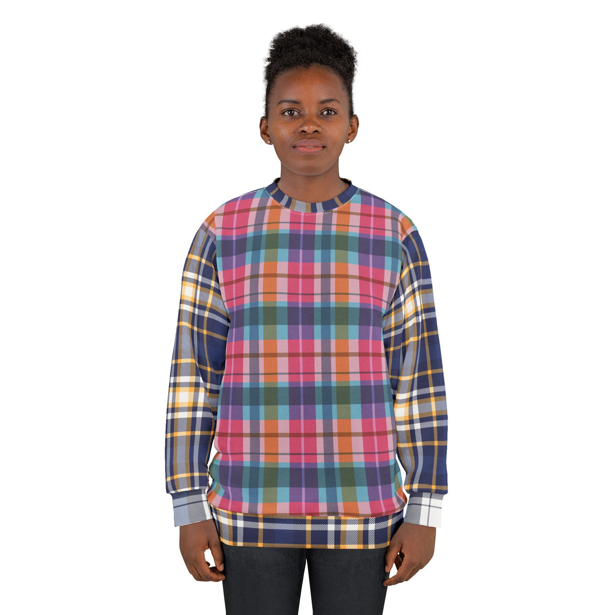 Woman modeling Mixed Check Plaid multicolor tartan crewneck sweatshirt