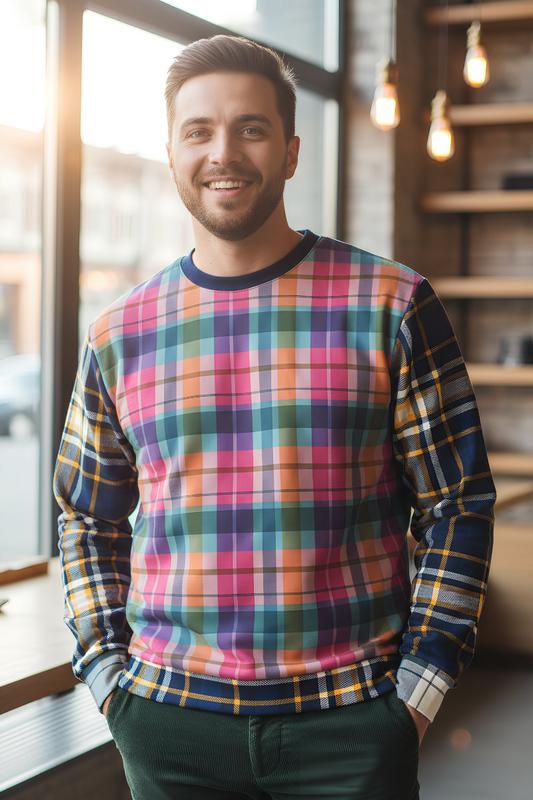 Man wearing Mixed Check Plaid multicolor tartan sweatshirt in a casual indoor setting